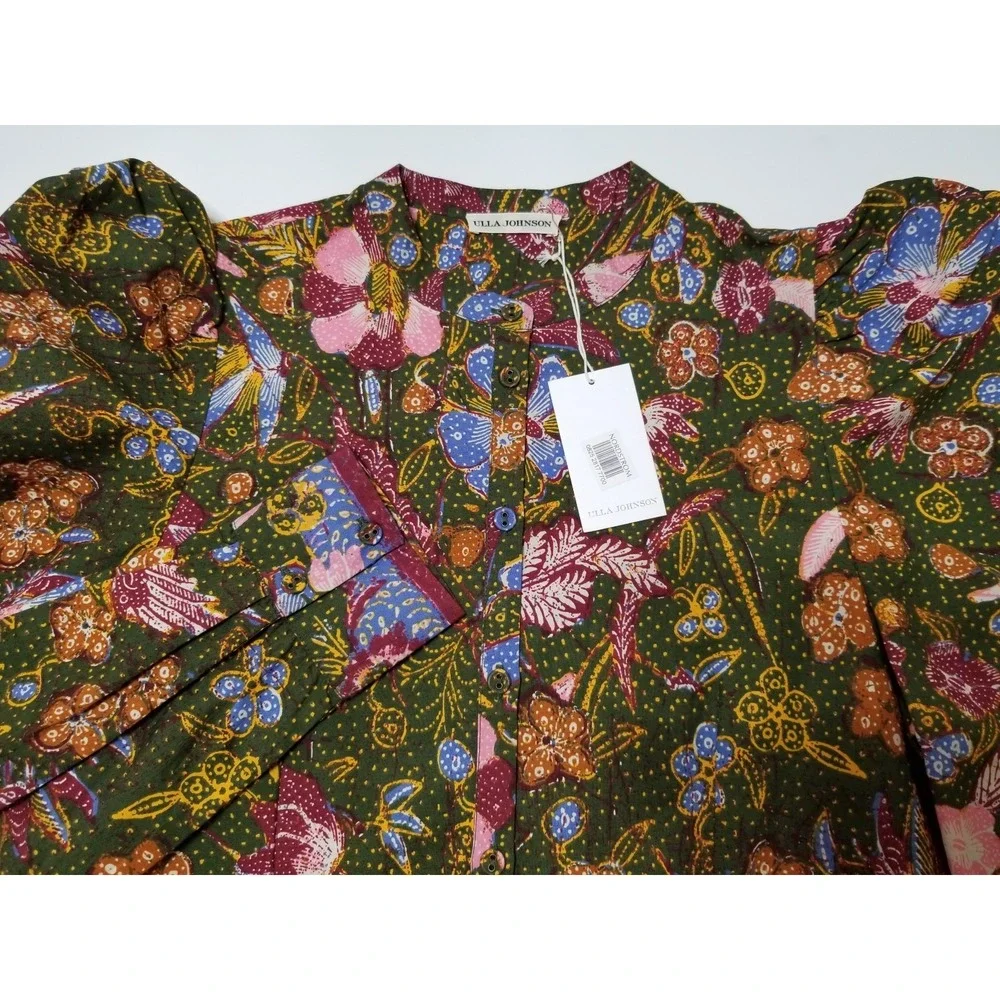 Ulla Johnson Willa Puff Sleeve 100% Cotton Blouse Pine Green Floral Size 0 $275